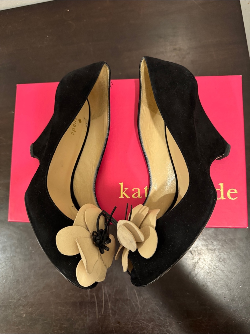 Kate Spade - Caelyn - Black Suede Wedge Peep Toe Pumps with Beige Flower Accent - Picture 6 of 10